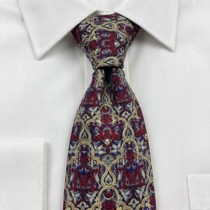 Serica Elite Mens Silk Tie Ornate Medallion Pattern Blue Red Gold Formal Necktie
